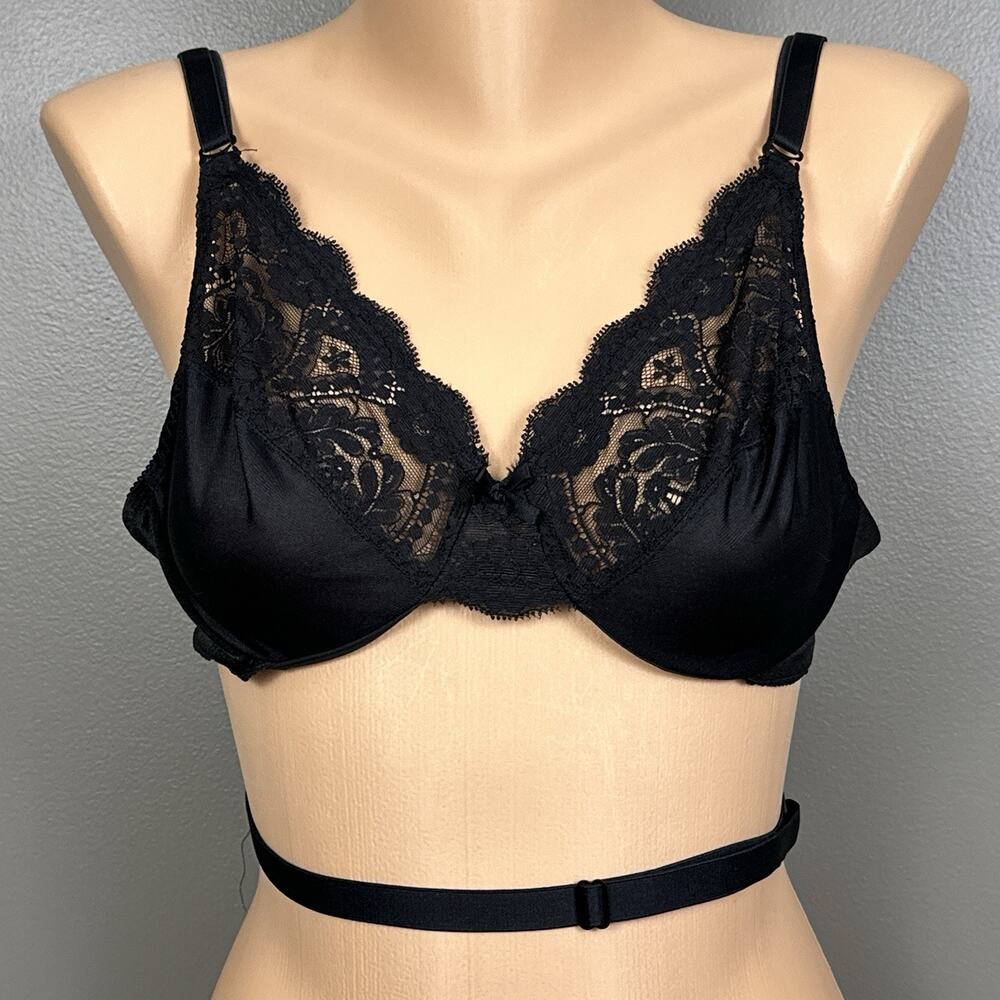 Vintage Vassarette Low Back Bra 36C Black Nylon Lace Underwire USA Made 4255